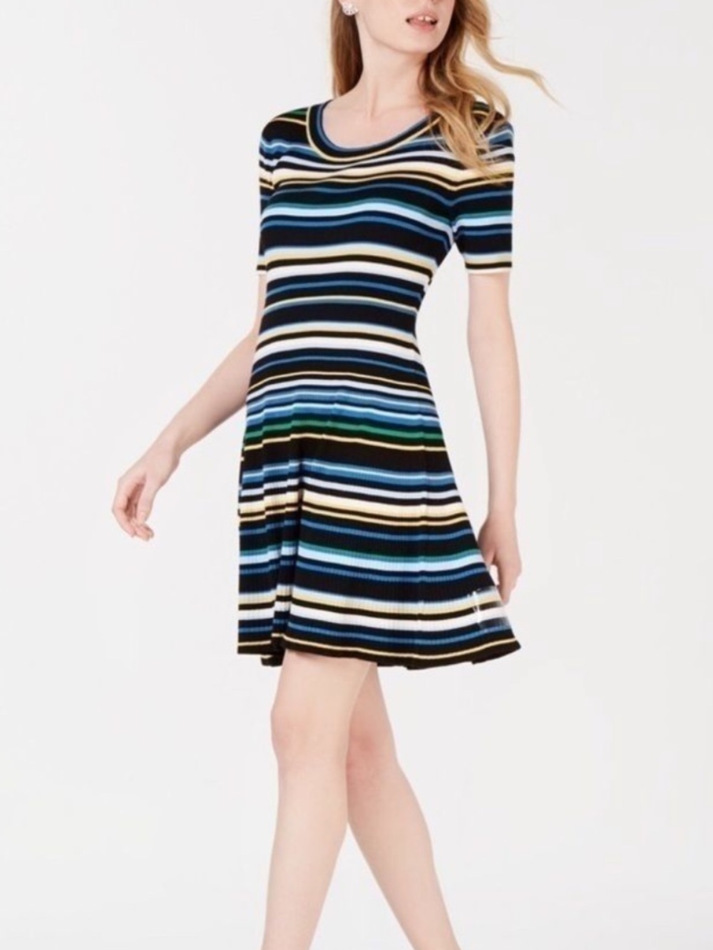 Maison Jules NWT Striped Ribbed Knit Fit & Flare Sweater Dress Black Multi XL
